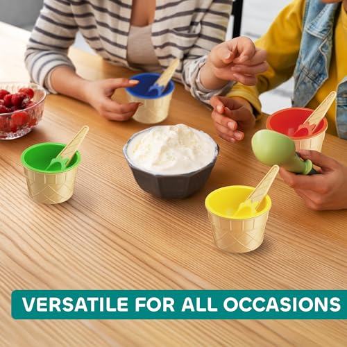 JoyServe Ice Cream Bowls and Spoons Set - Reusable Plastic Ice Cream Cups and Waffle Cone Shaped Spoons for Dessert Ice Cream Sundaes, Frozen Yogurt, Gelato, Birthday Party Decorations